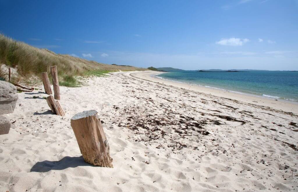 White sandy beach at Appletree Bay, Tresco, Isles of Scilly, Cornwall.