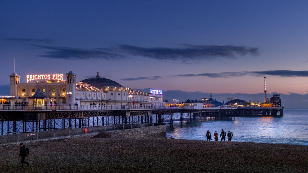 BRIGHTON, EAST SUSSEX/UK - JANUARY 26 : View of Brighton Pier in Brighton East Sussex on January 26, 2018. Unidentified people.