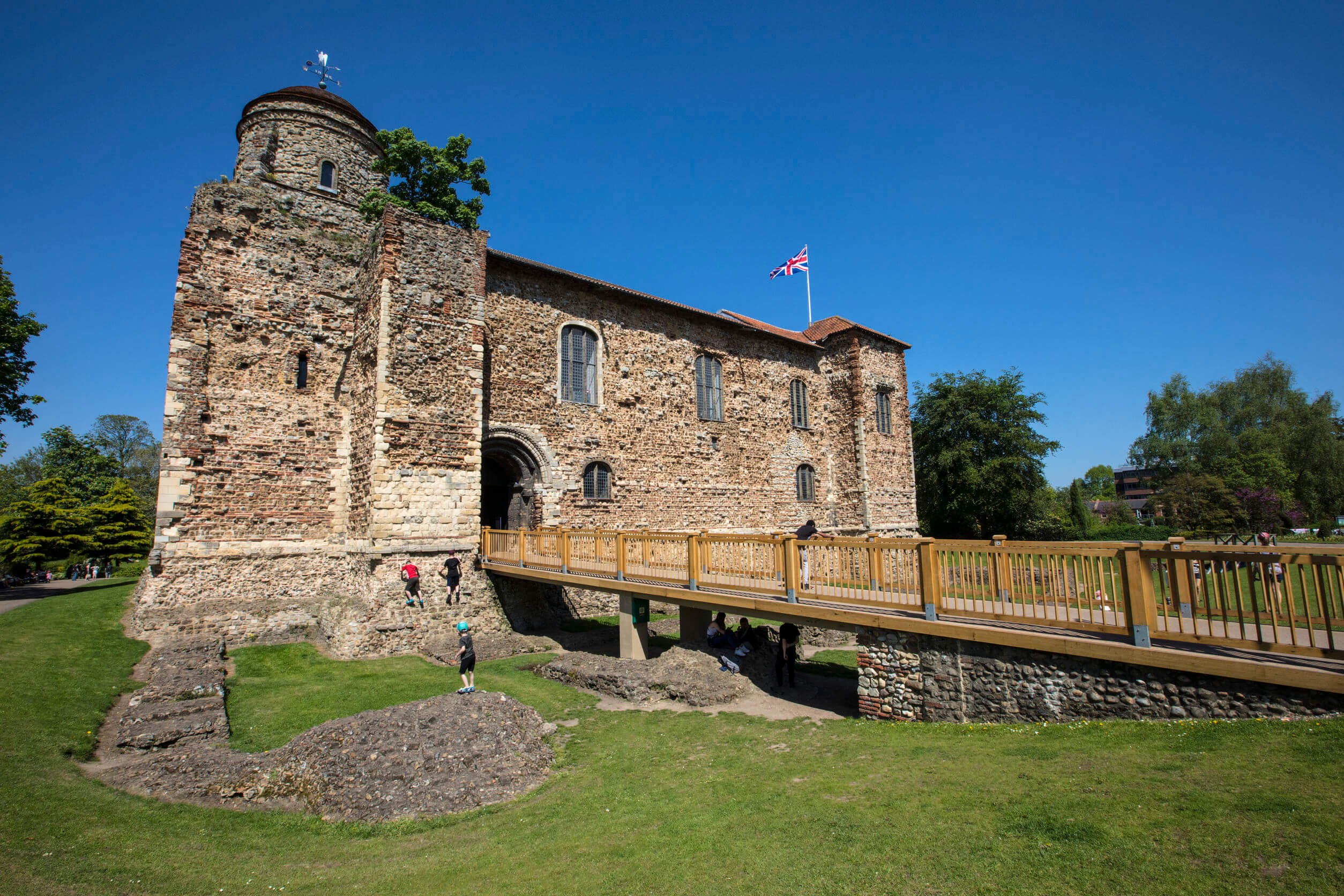 A view of the historic Colchester Castle, located in the market town of Colchester in Essex, UK.