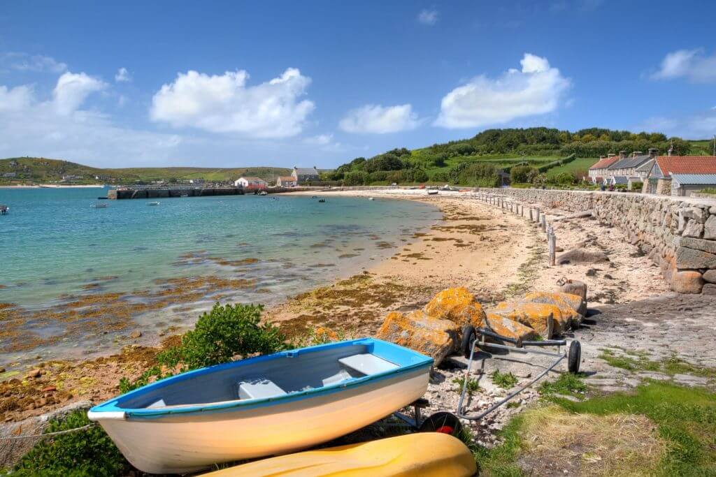 Looking towards the quay at New Grimsby, Tresco, Isles of Scilly, Cornwall, England.