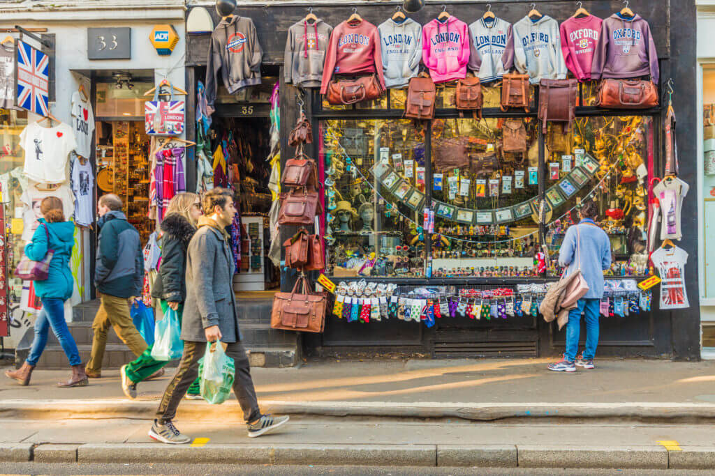 London. November 2018. A view of classic colourful british shops near Portobello Road Market in London