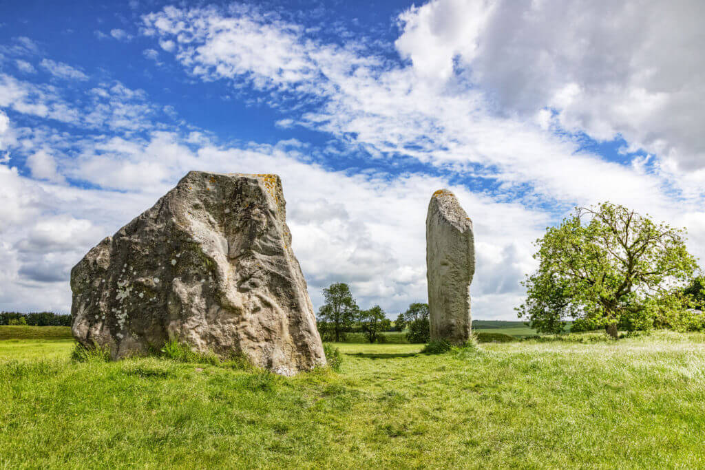 Standing stones known as The Cove, at Avebury, the Neolithic henge monument containing three stone circles, including the biggest stone circle in the world. Wiltshire, UK.