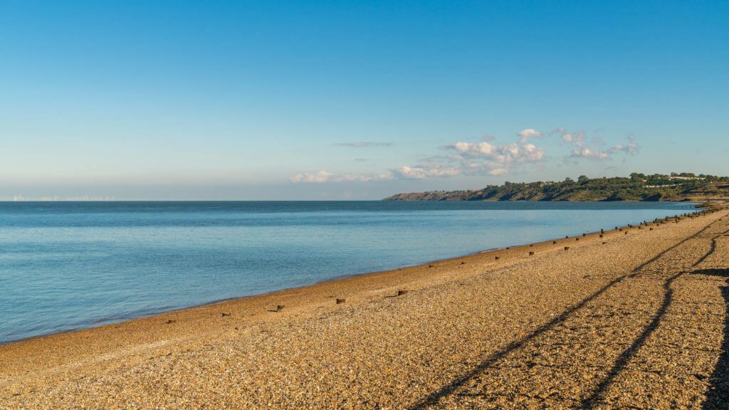 Beach and North Sea, seen from The Leas in Minster on Sea, Isle of Sheppey, in Kent.