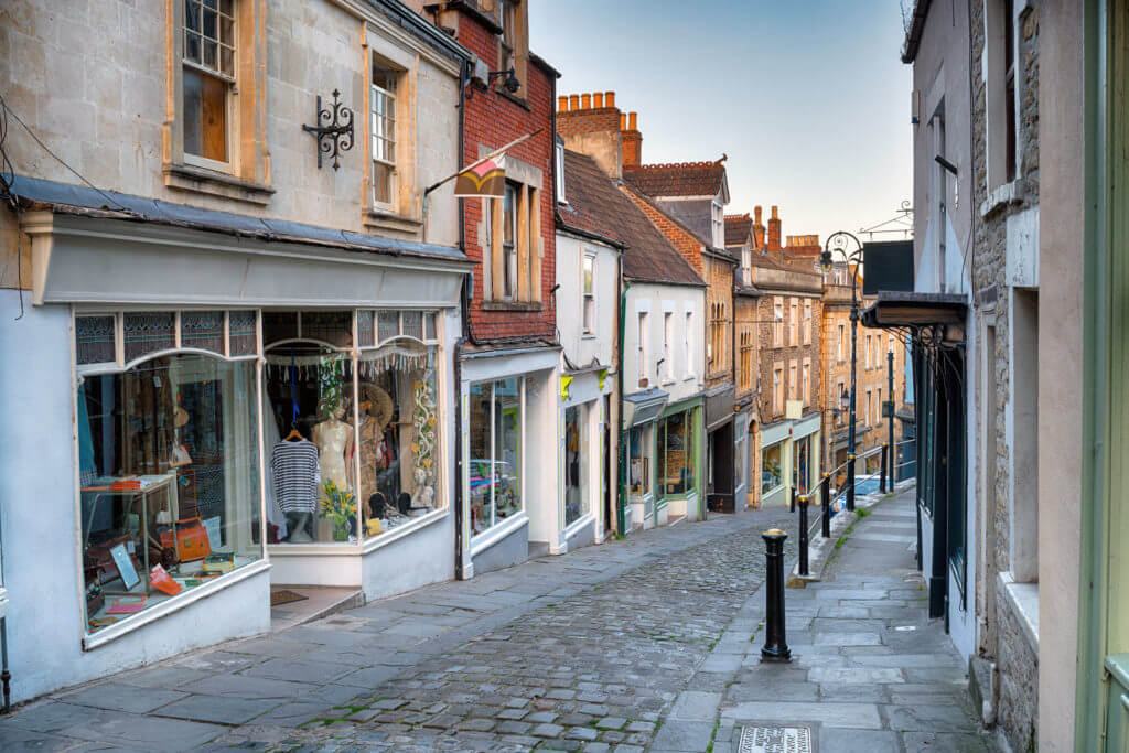 Cobbled streets at Catherines Hill in Frome, Somerset