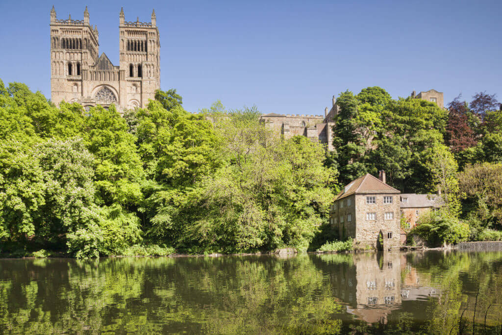 Durham Cathedral, the Old Fulling Mill, now an archaeological museum, and the River Wear, County Durham, England, UK.