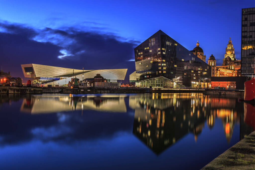 Liverpool docks and waterfront, with Liverpool museum on the skyline.
