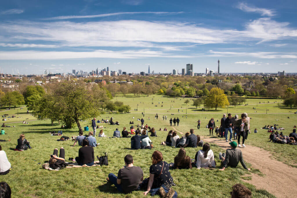 View of London skyline from Primrose Hill. London, 2017. Landscape format.