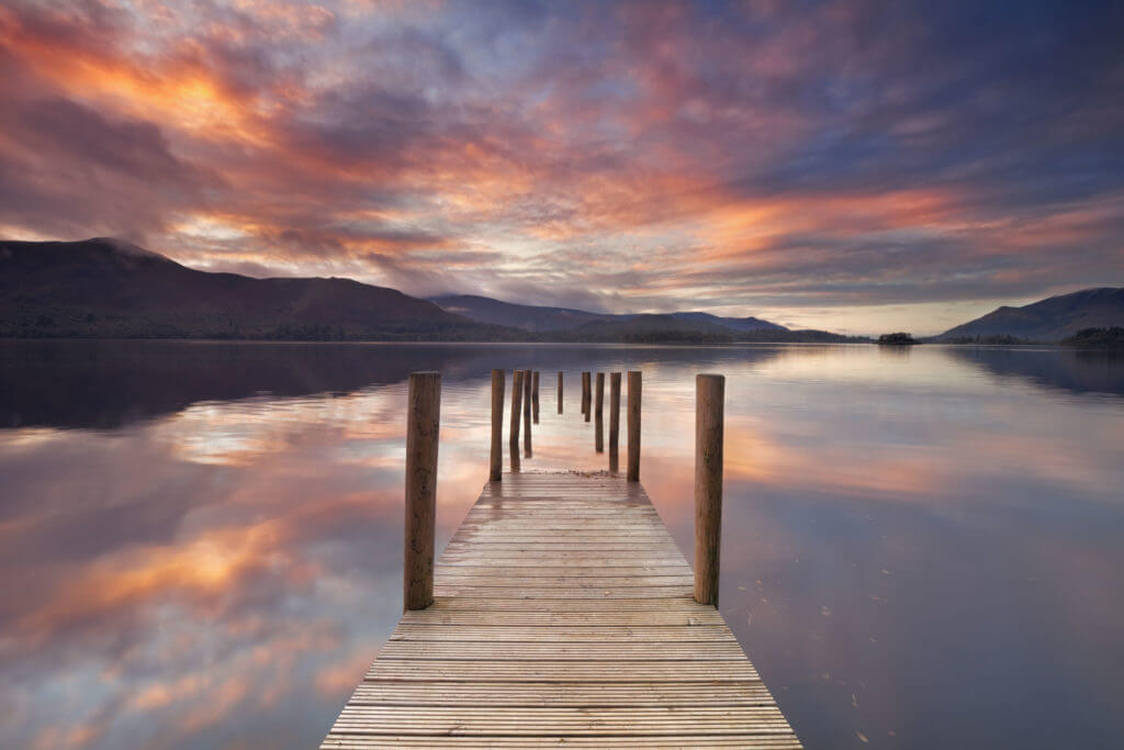 A flooded jetty in Derwent Water, Lake District.