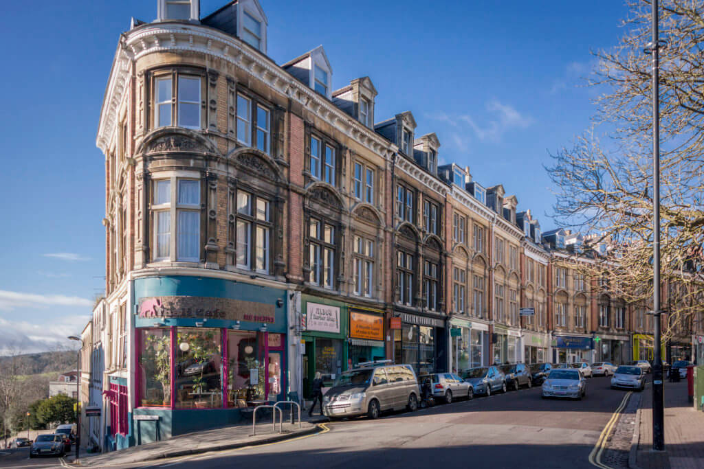 Georgian terraced shops in Clifton Village, Bristol, UK