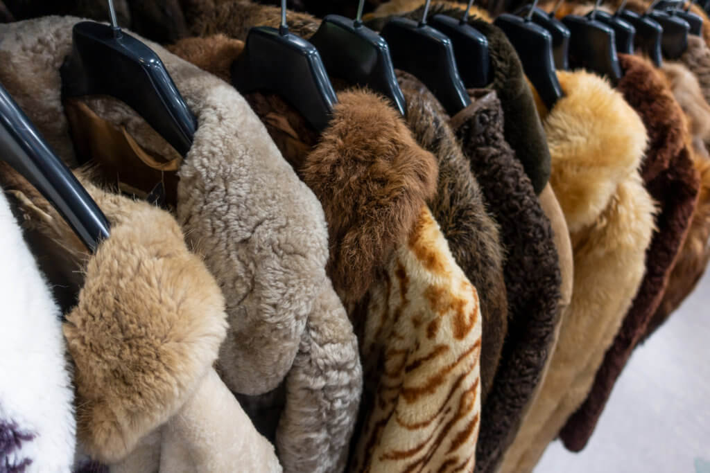 Rail of secondhand fur coats for sale in a thrift store or charity shop