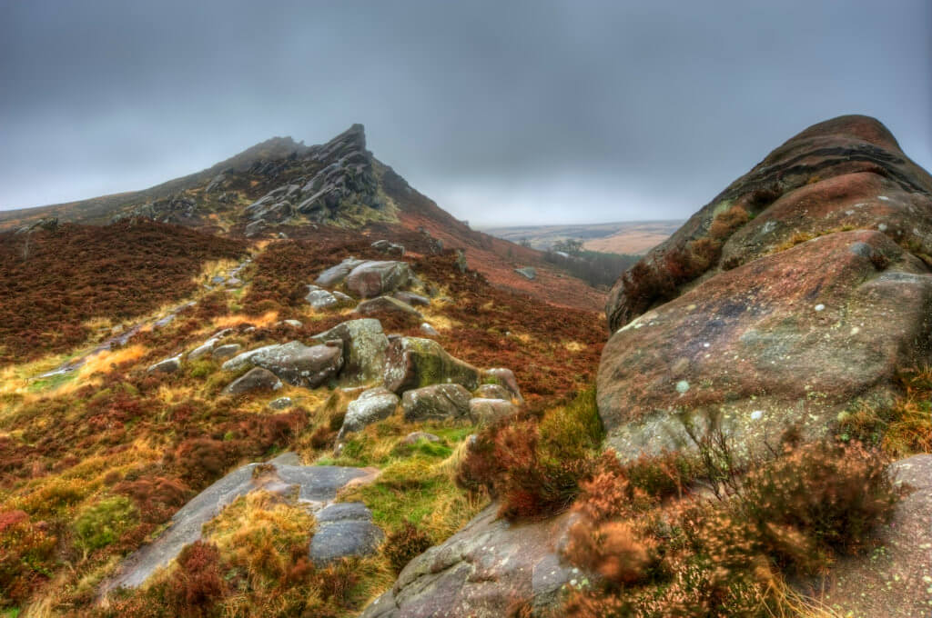 Ramshaw Rocks in Peak District National Park on foggy Autumn day
