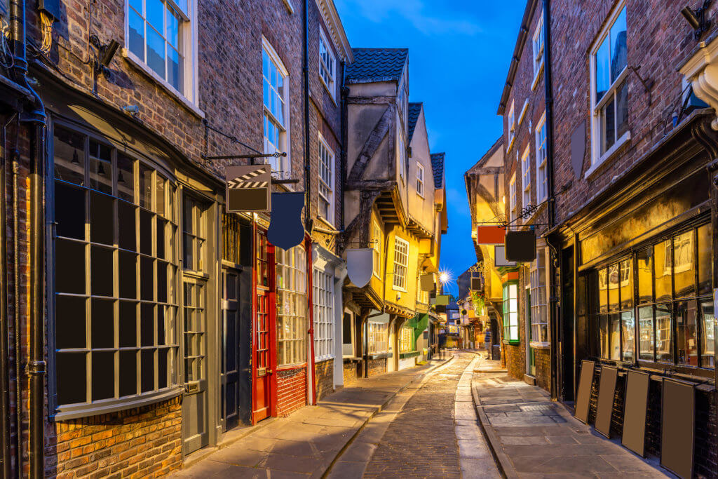 York shambles alley sunset dusk, York England UK