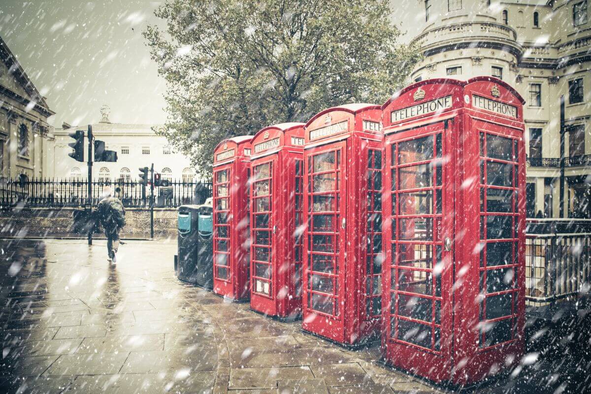 Christmas in England, snowy London phone boxes 