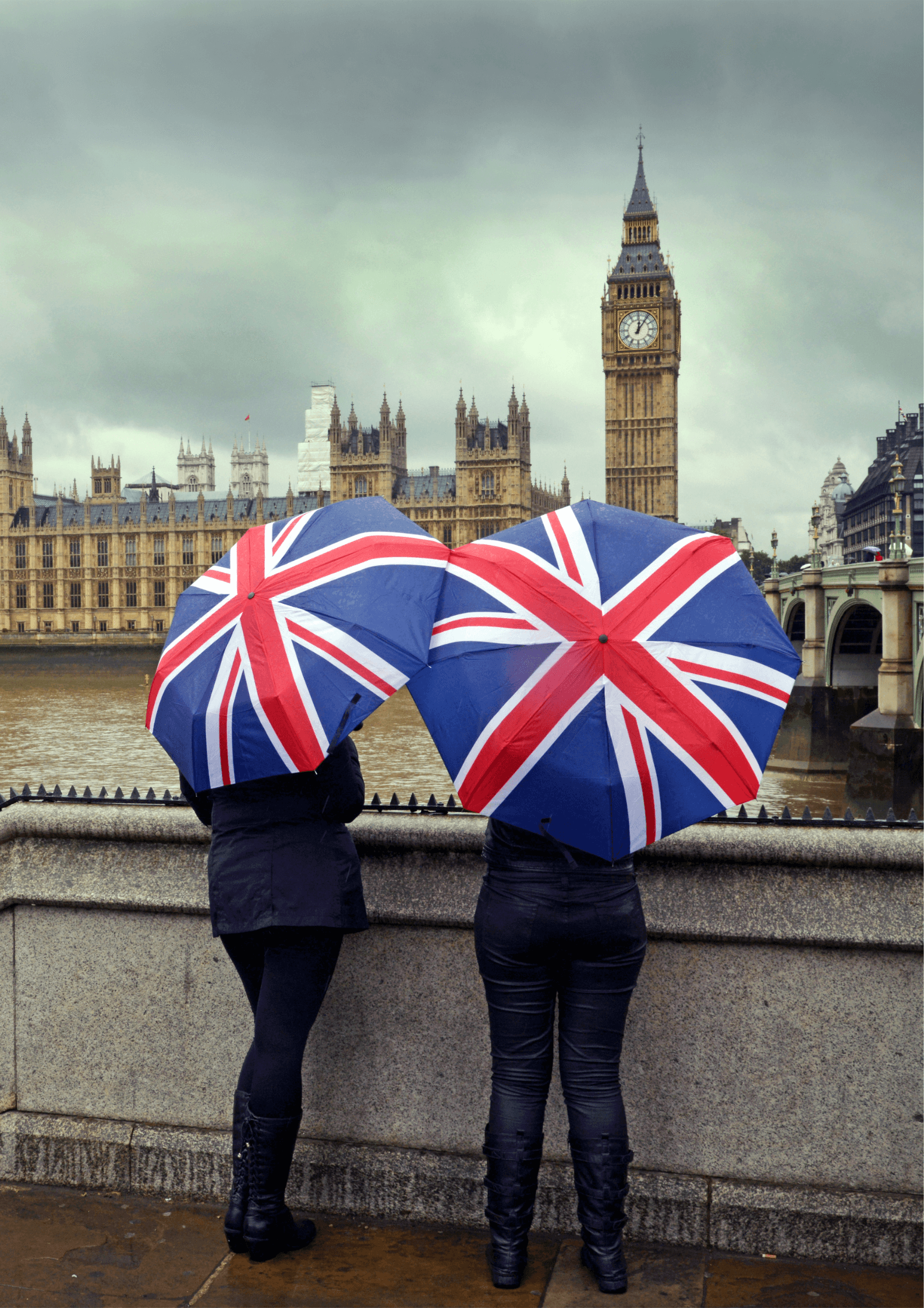 Umbrellas, raining in England, London, Houses of Parliament