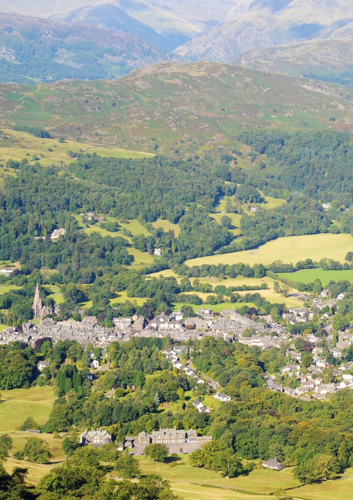 Aerial view of the Lake District town of Ambleside