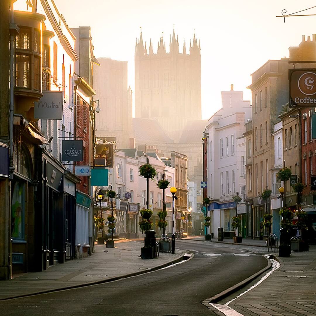 A street with shops in Wells, Somerset, England