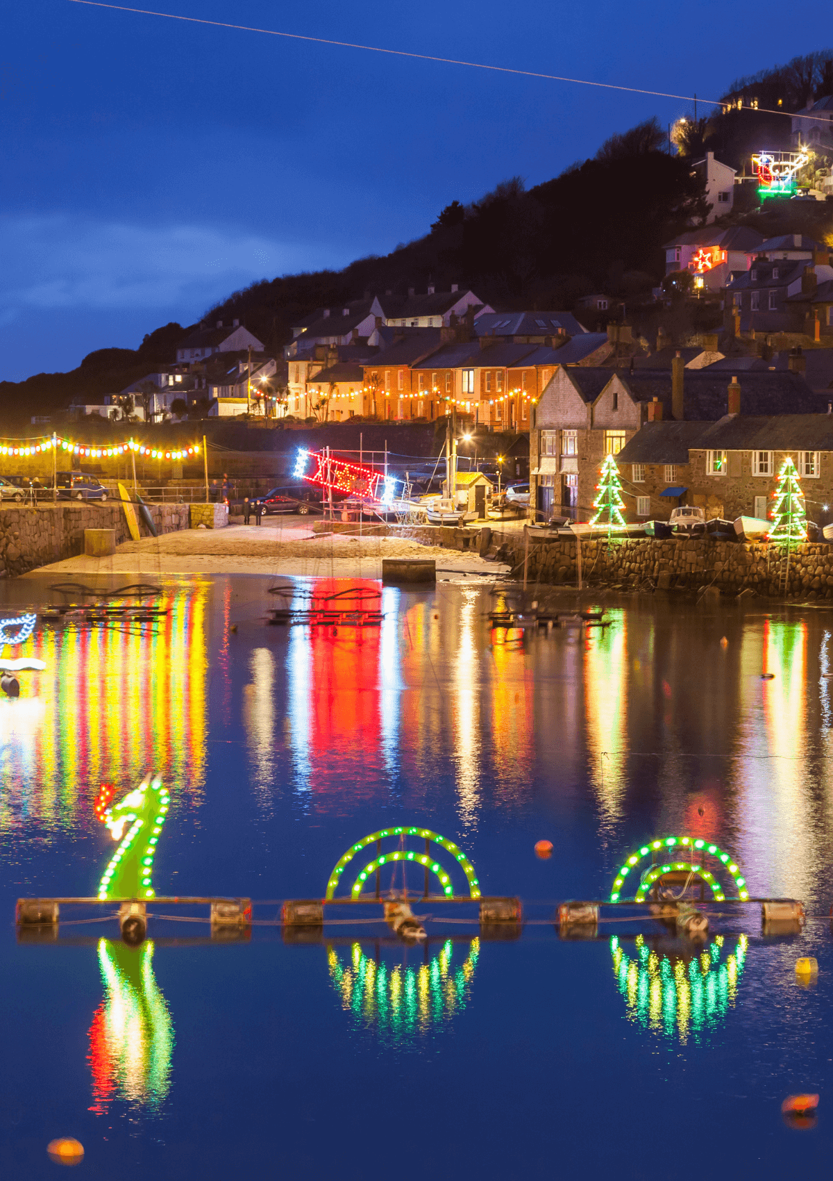 Mousehole harbour Christmas lights 
