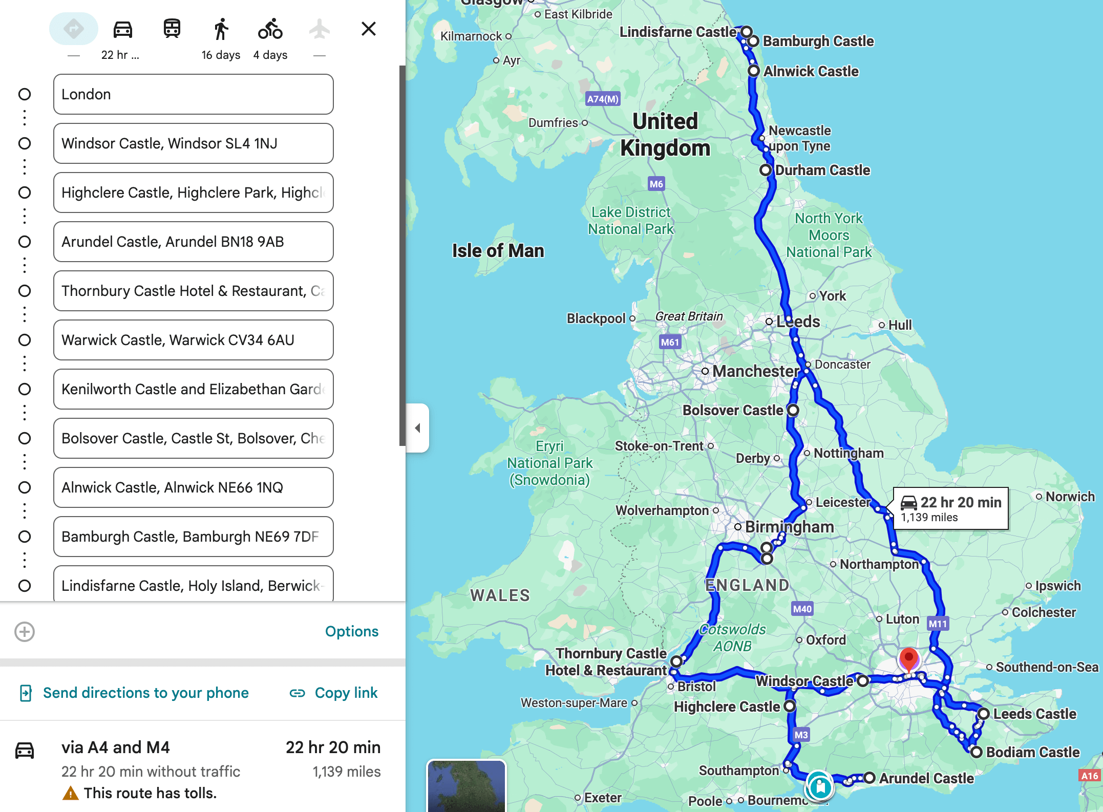 Castles tour of england